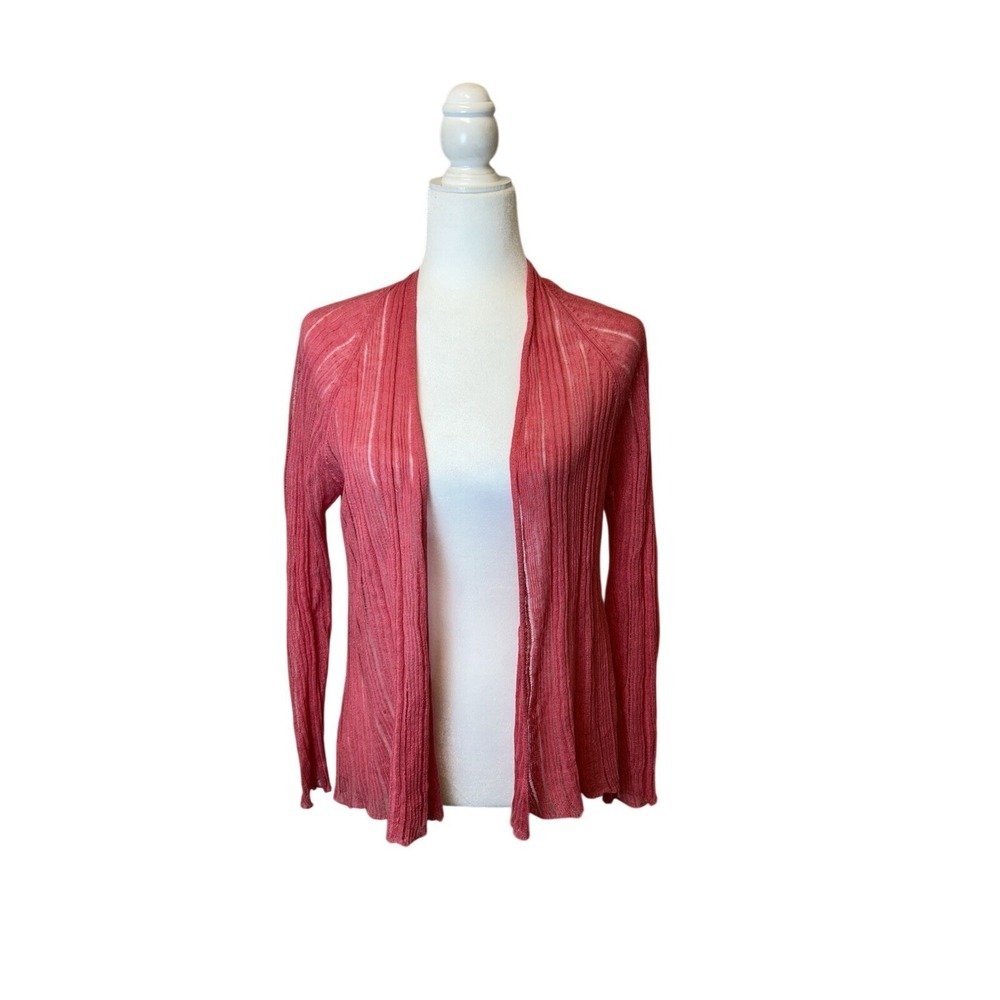 Eileen Fisher Petite PS Sheer Ribbed Open Front Cardigan Coral Pink Italian Yarn